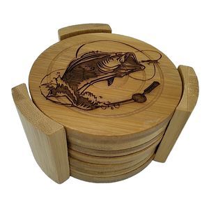 6 Fishing / Big Mouth Bass Laser Engraved Bamboo Coasters With Holder